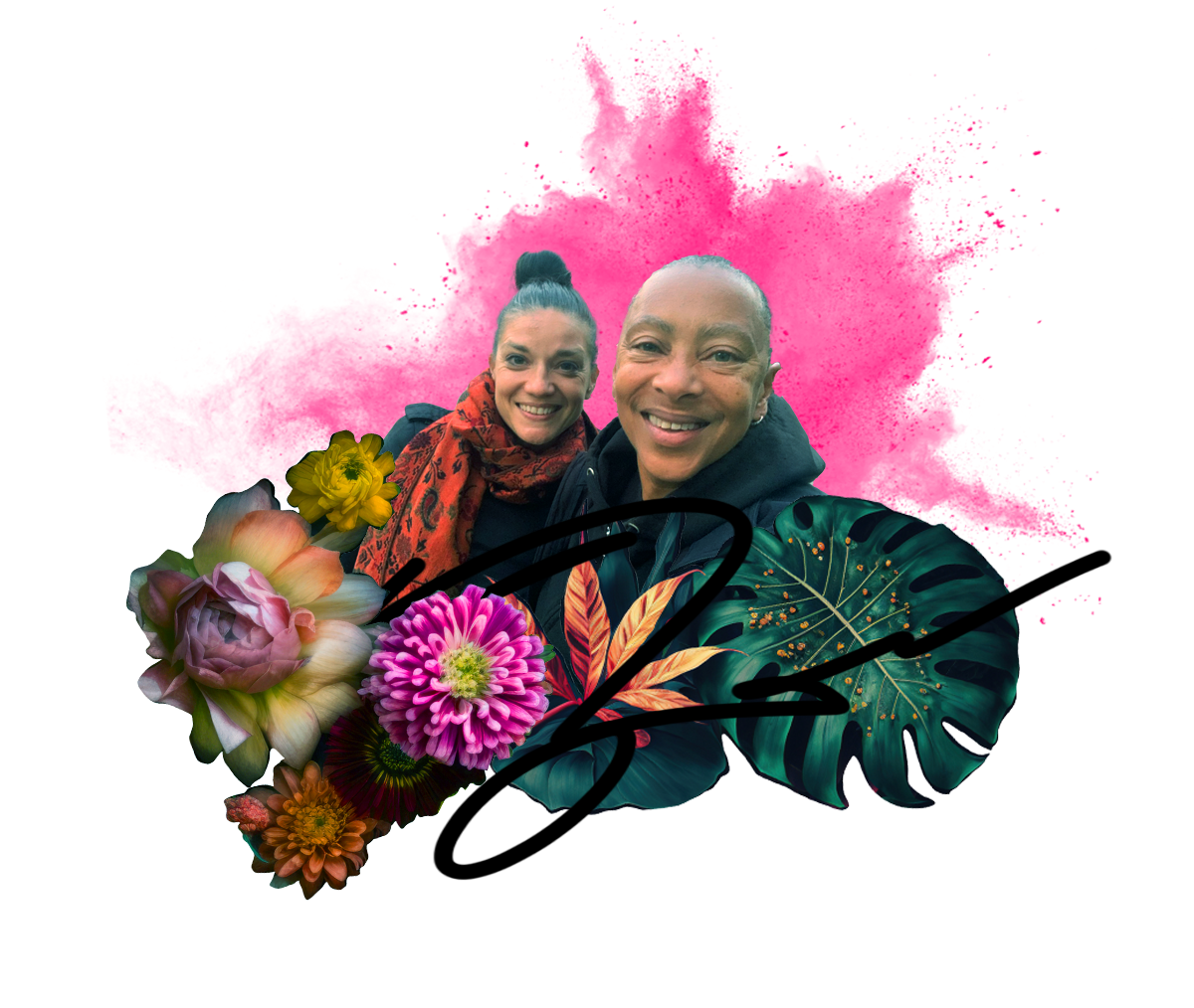 Team Unicorn members Tijanna Eaton and Karina Muñiz-Pagán with a burst of pink pigment in the background and colorful flowers and a scrawl of ink in the foreground.