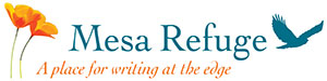 Mesa Refuge logo, subtitled “A place for writing at the edge.” The logo itself has orange flowers on the left and a blue raptor in flight on the right.