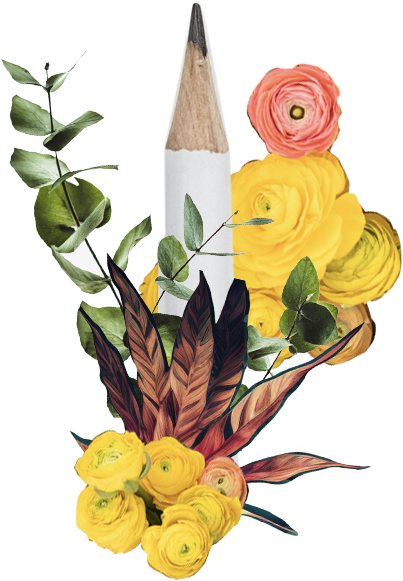 Flowers and plants, mainly yellow, orange, and some green, all fitted around a white pencil pointing upward.