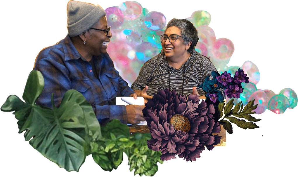 The Club’s Founder Minal Hajratwala laughing with a writer. In the foreground, dark purple flowers and green leaves; in the background, a cluster of rainbow-colored sequins.