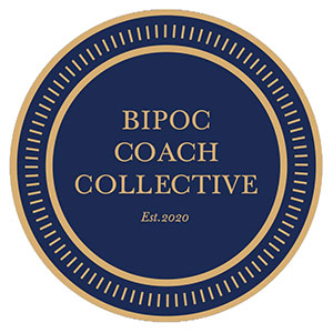 BIPOC Coach Collective logo, gold text on a blue circle with gold trim.