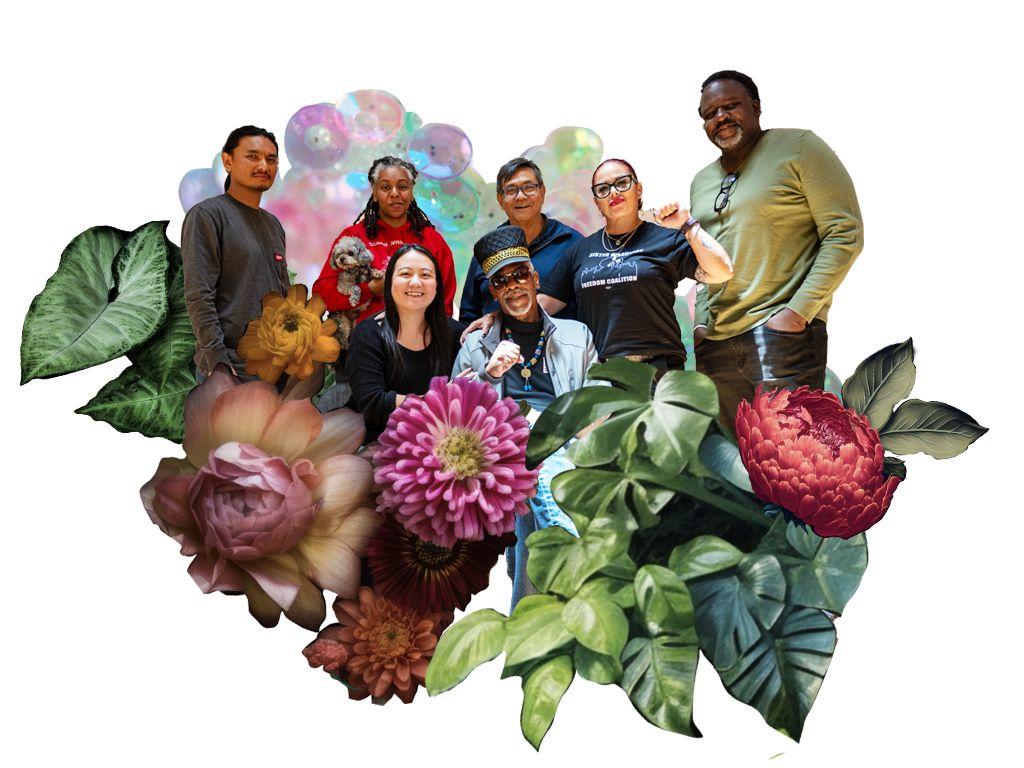 A mixed group of POC, all members of our pilot Bolt Cutters Cohort; in the background, a profusion of rainbow-colored sequins; flowers and ivy in the foreground.