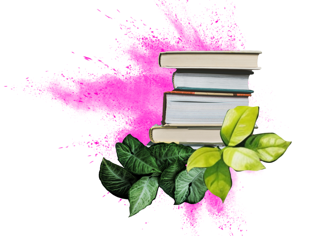 An uneven stack of hardcover books with green leaves in the foreground and a burst of pink pigment in the background.